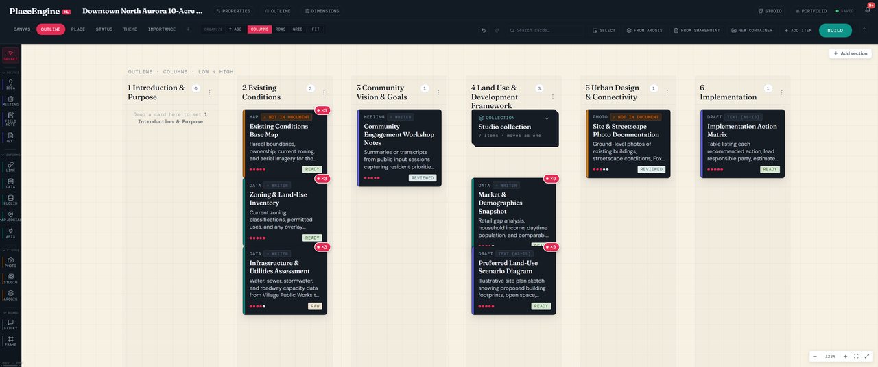 PlaceEngine Canvas workspace — composing a project across six lenses