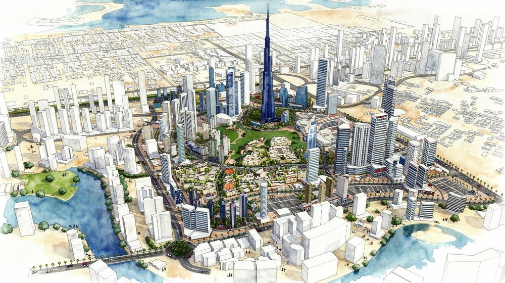 Dubai downtown skyline in a watercolor illustration style — PlaceEngine HL render
