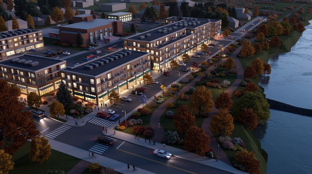 North Aurora, IL riverfront district — PlaceEngine HL render