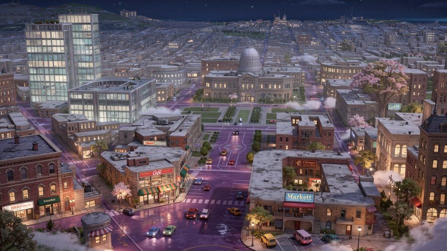 A civic center 3D scene rendered in one of a dozen styles