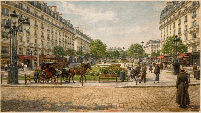 A city street rendered as it looked in 1880