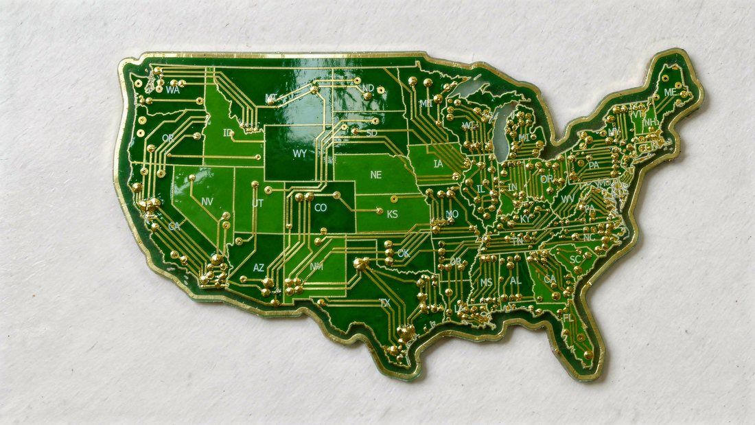 A map of the United States rendered as a green circuit board