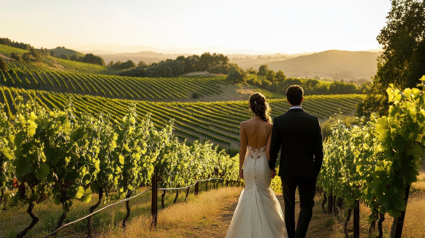 A couple in a Madera County vineyard at golden hour