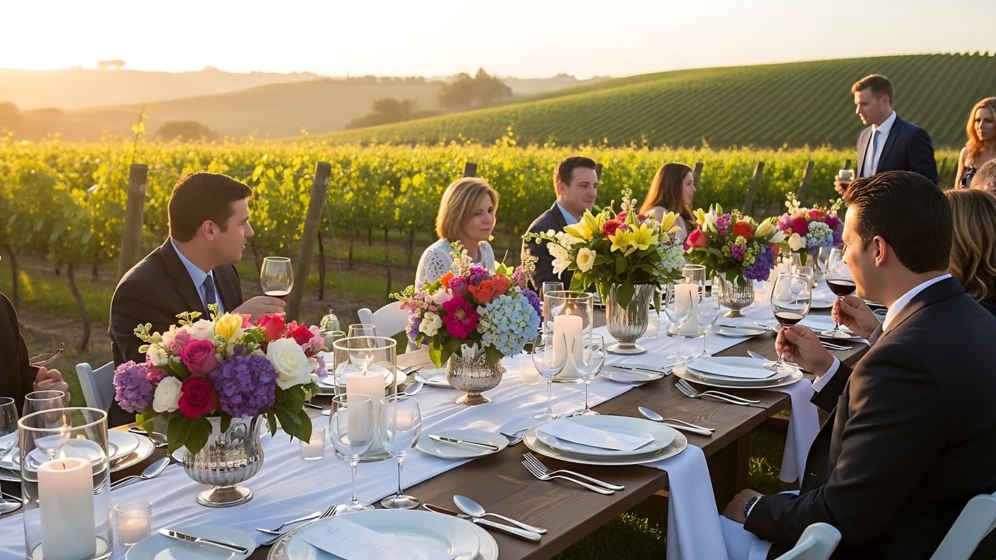 A golden-hour vineyard dinner table set for a wedding reception in Madera County